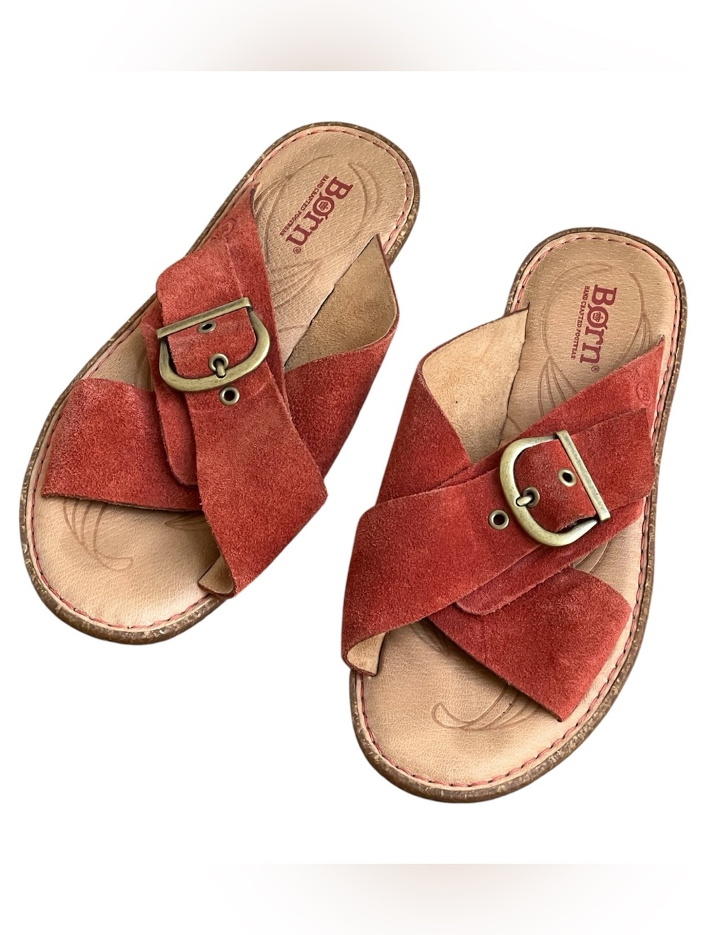 Born Women's Rust Suede Leather Crisscross Buckle Slide Sandals 7 M